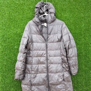 UNIQLO Womens Down Coat Quilted Beige Long Puffer Hooded Lightweight Jacket Sz L